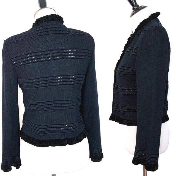 St. John Evening Black Sparkle Ruffle Jacket Santana Knit Sz 2-4 - Picture 3 of 16